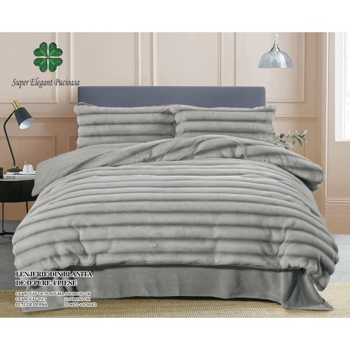 Lenjerie pufoasa  pentru pat dublu din blana artificiala de iepure 4 piese ,gri, LCIP3