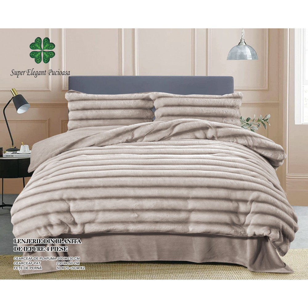 Lenjerie pufoasa  pentru pat dublu din blana artificiala de iepure 4 piese ,grej, LCIP4 LENJERII COCOLINO BLANITA ARTIFICIALA IEPURE 4 PIESE