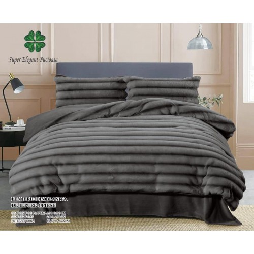 Lenjerie pufoasa  pentru pat dublu din blana artificiala de iepure 4 piese ,gri inchis, LCIP5