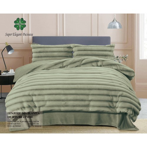 Lenjerie pufoasa  pentru pat dublu din blana artificiala de iepure 4 piese ,verde, LCIP6