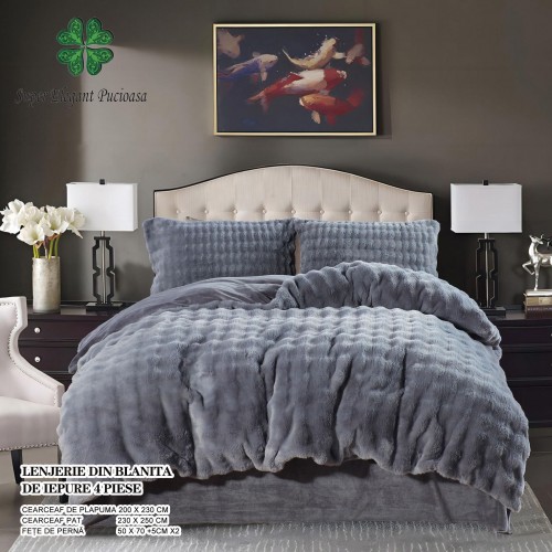 Lenjerie pufoasa  pentru pat dublu din blana artificiala de iepure 4 piese ,gri inchis, LCIP7