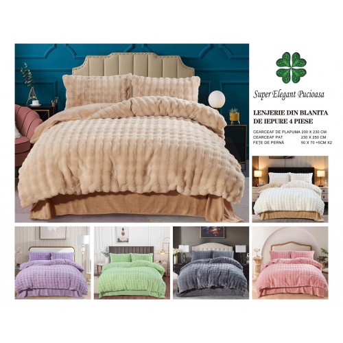 Lenjerie pufoasa  pentru pat dublu din blana artificiala de iepure 4 piese ,verde, LCIP12