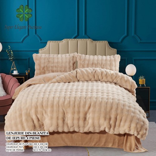 Lenjerie pufoasa  pentru pat dublu din blana artificiala de iepure 4 piese ,maro, LCIP8