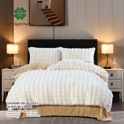Lenjerie pufoasa  pentru pat dublu din blana artificiala de iepure 4 piese ,ivoire, LCIP9