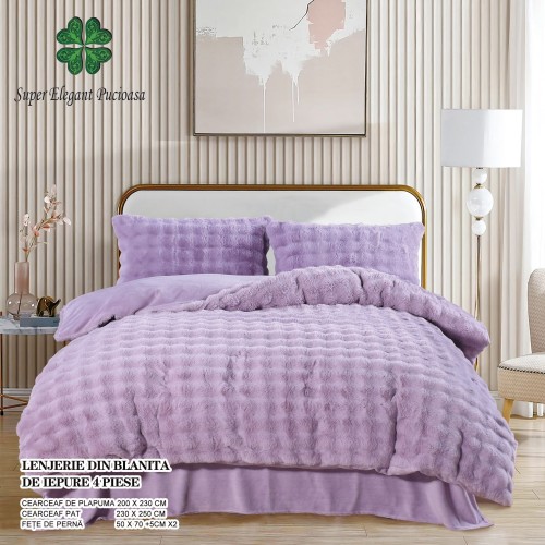 Lenjerie pufoasa  pentru pat dublu din blana artificiala de iepure 4 piese ,lila, LCIP10