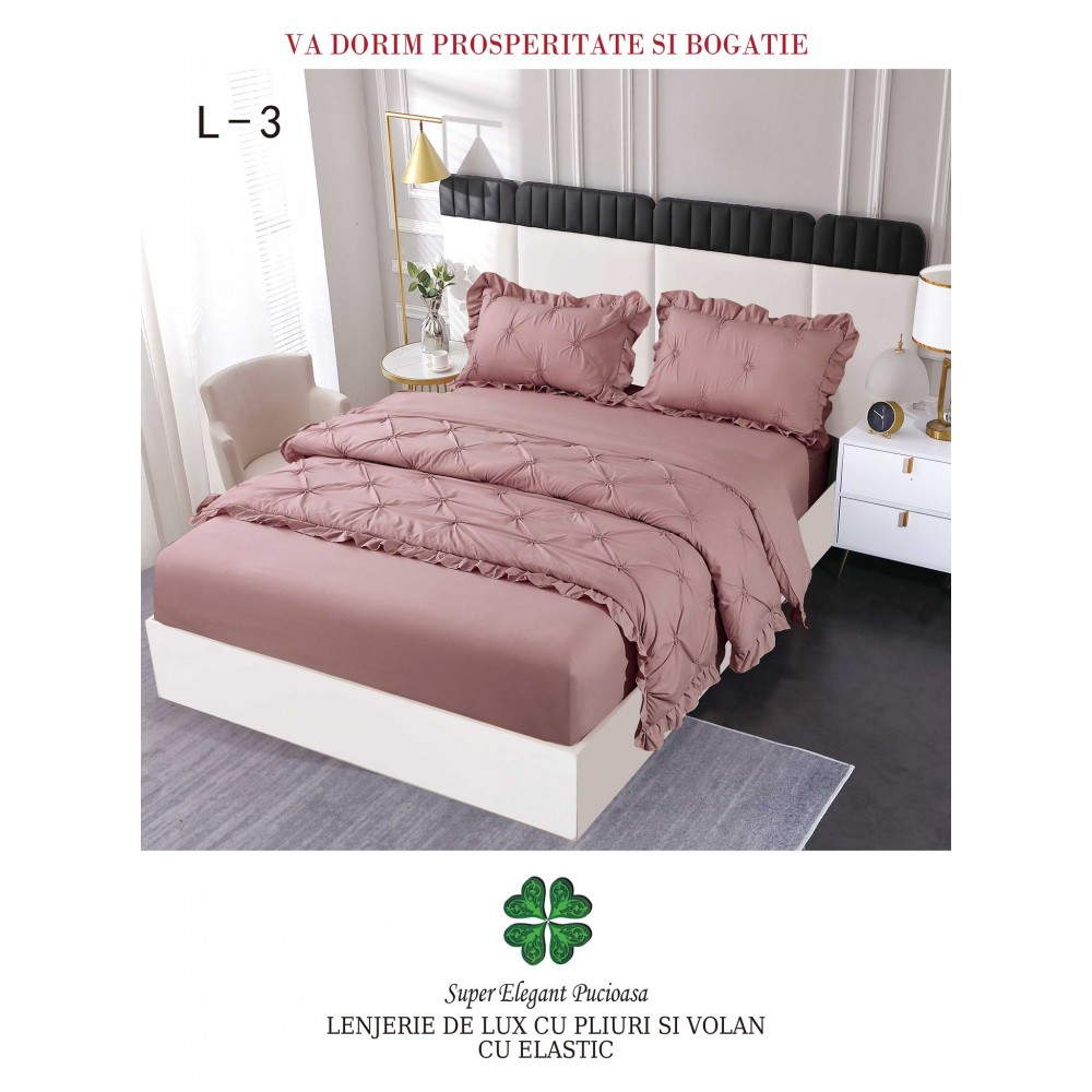 Lenjerie Uni din finet cu pliuri si volanase LFVP2 Lenjerii finet 6 piese uni pliuri 3d cu elastic