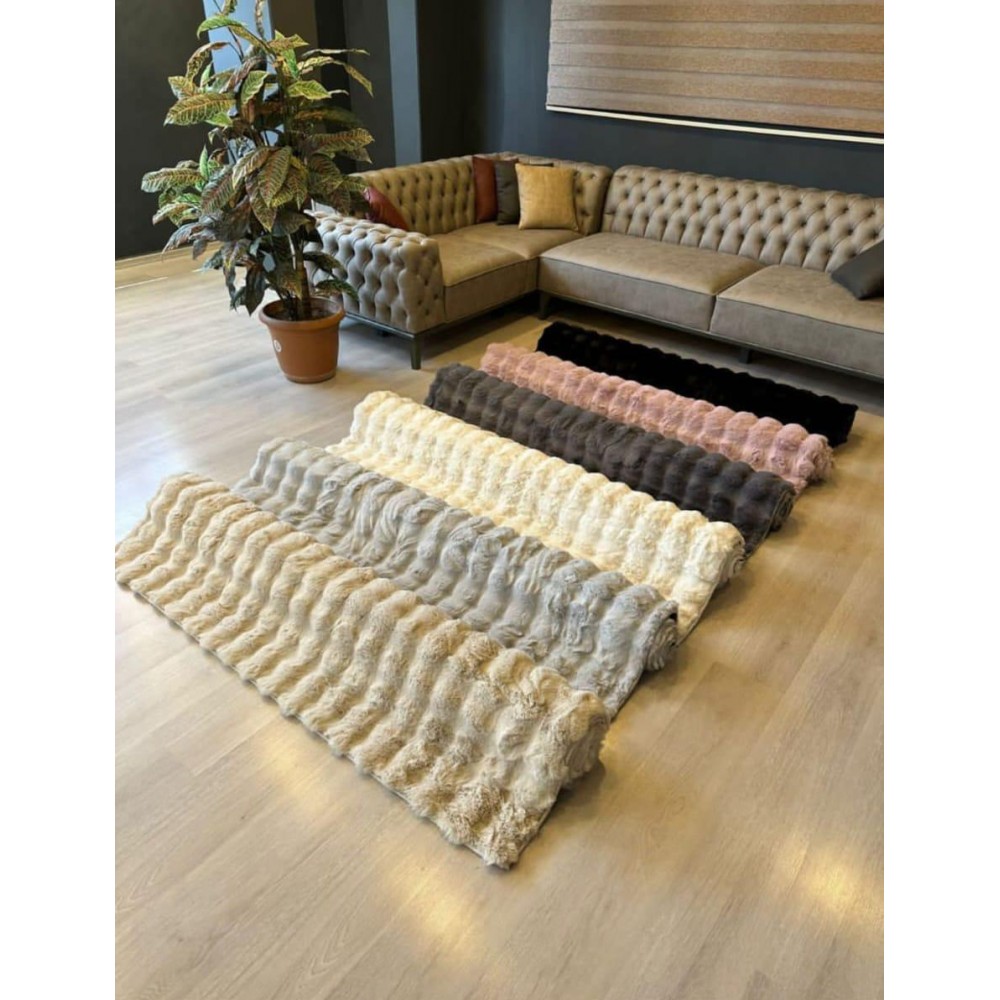 Covor Bubble imitatie blana de iepure 3D, 80 X 150 cm, gri inchis Traverse antiderapante 80x150