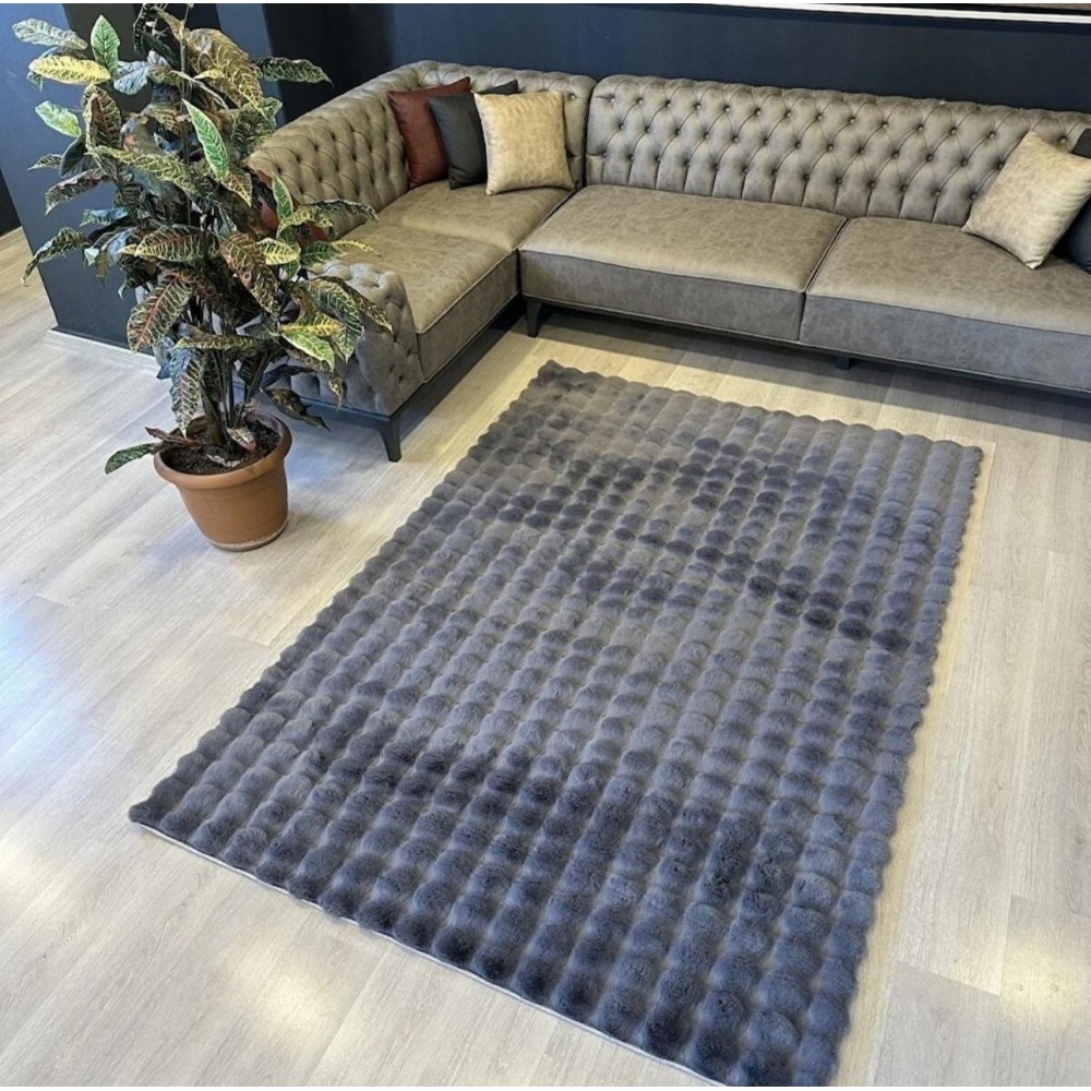 Covor Bubble imitatie blana de iepure 3D, 80 X 150 cm, gri inchis Traverse antiderapante 80x150