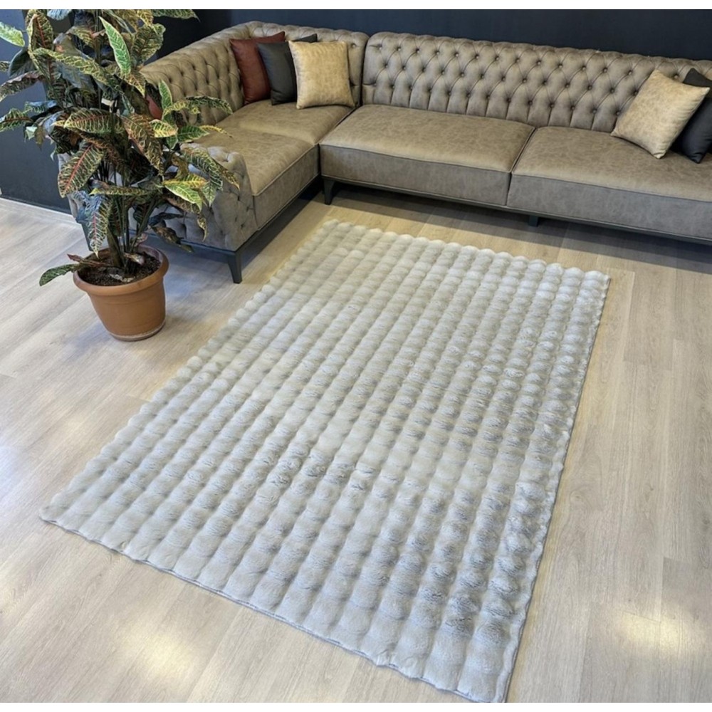 Covor Bubble imitatie blana de iepure 3D, 80 X 150 cm, gri deschis Traverse antiderapante 80x150