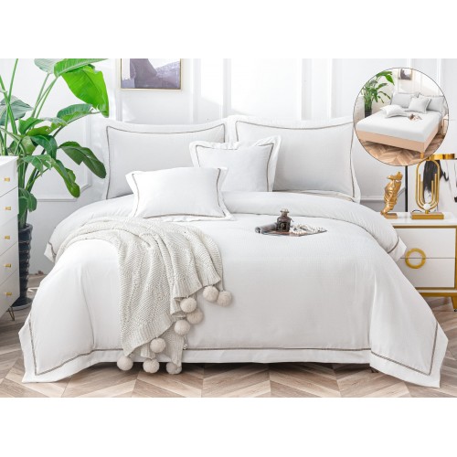 Lenjerie DIN FINET 6 piese, CEARCEAF DE PAT CU ELASTIC, pat dublu, chenar brodat, ALB,  LFE6PP1
