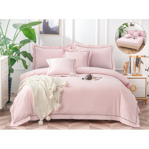 Lenjerie DIN FINET 6 piese, CEARCEAF DE PAT CU ELASTIC, pat dublu, chenar brodat, ROZ,  LFE6PP2