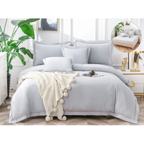 Lenjerie DIN FINET 6 piese, CEARCEAF DE PAT CU ELASTIC, pat dublu, chenar brodat, GRI,  LFE6PP3