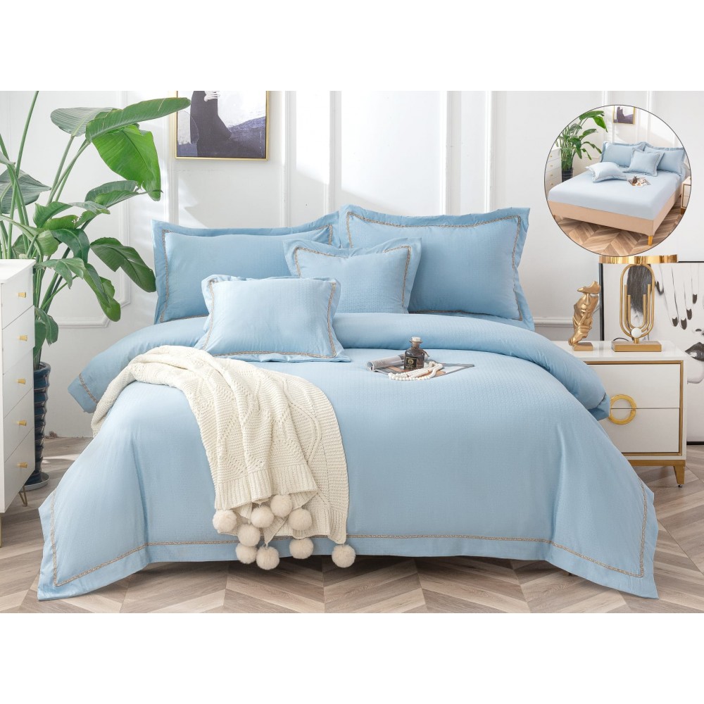 Lenjerie DIN FINET 6 piese, CEARCEAF DE PAT CU ELASTIC, pat dublu, chenar brodat, BLEU,  LFE6PP4 Lenjerii din finet 6 piese cu  elastic