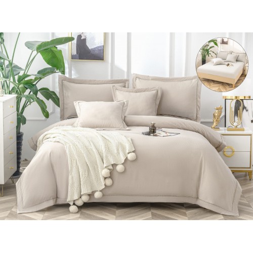 Lenjerie DIN FINET 6 piese, CEARCEAF DE PAT CU ELASTIC, pat dublu, chenar brodat, BEJ,  LFE6PP5