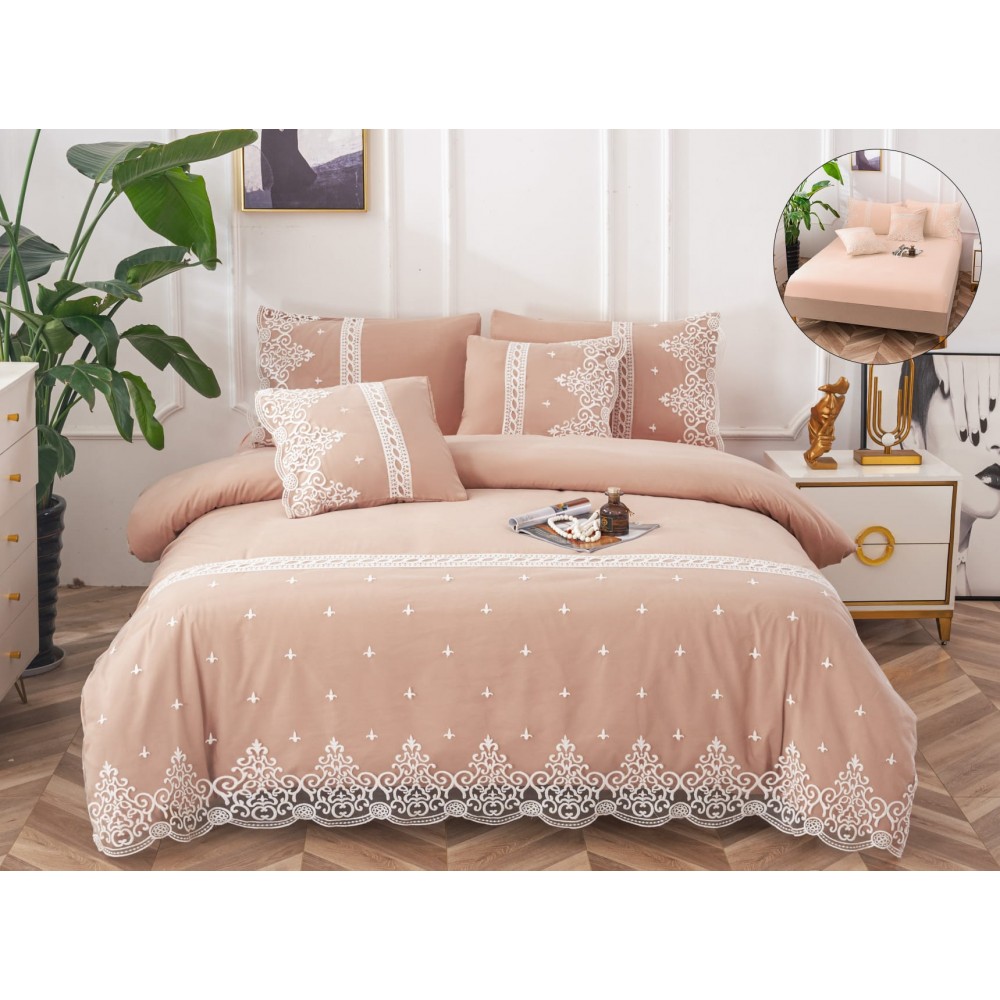 Lenjerie DIN FINET 6 piese, CEARCEAF DE PAT CU ELASTIC, pat dublu, PUDRA,  LFE6PP11 Lenjerii din finet 6 piese cu  elastic