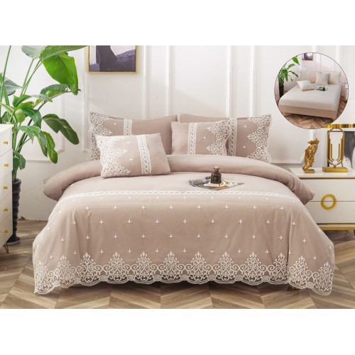 Lenjerie DIN FINET 6 piese, CEARCEAF DE PAT CU ELASTIC, pat dublu, BEJ,  LFE6PP13
