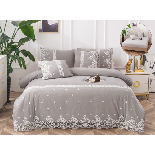 Lenjerie DIN FINET 6 piese, CEARCEAF DE PAT CU ELASTIC, pat dublu, GRI,  LFE6PP14