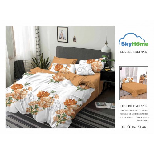Lenjerie de Pat din Finet cu 2 Fete, 6 Piese, Pat 2 Persoane, LF6PSKY60