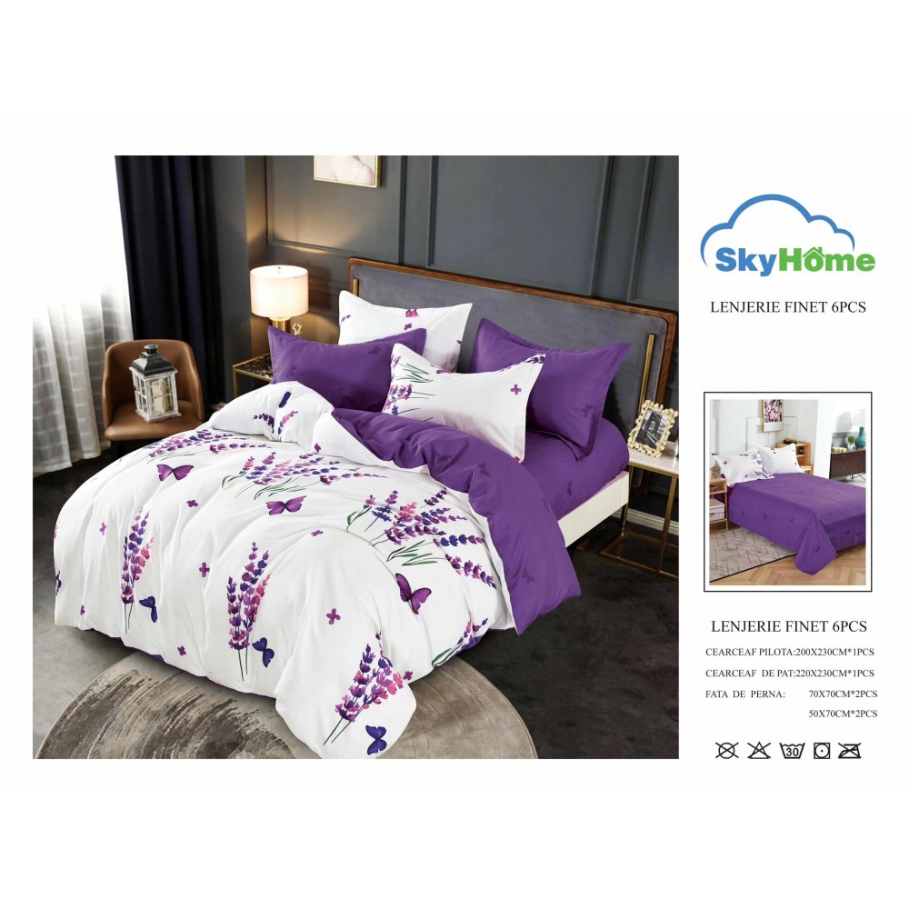 Lenjerie de Pat din Finet cu 2 Fete, 6 Piese, Pat 2 Persoane, LF6PSKY61 Lenjerii din finet 6 piese
