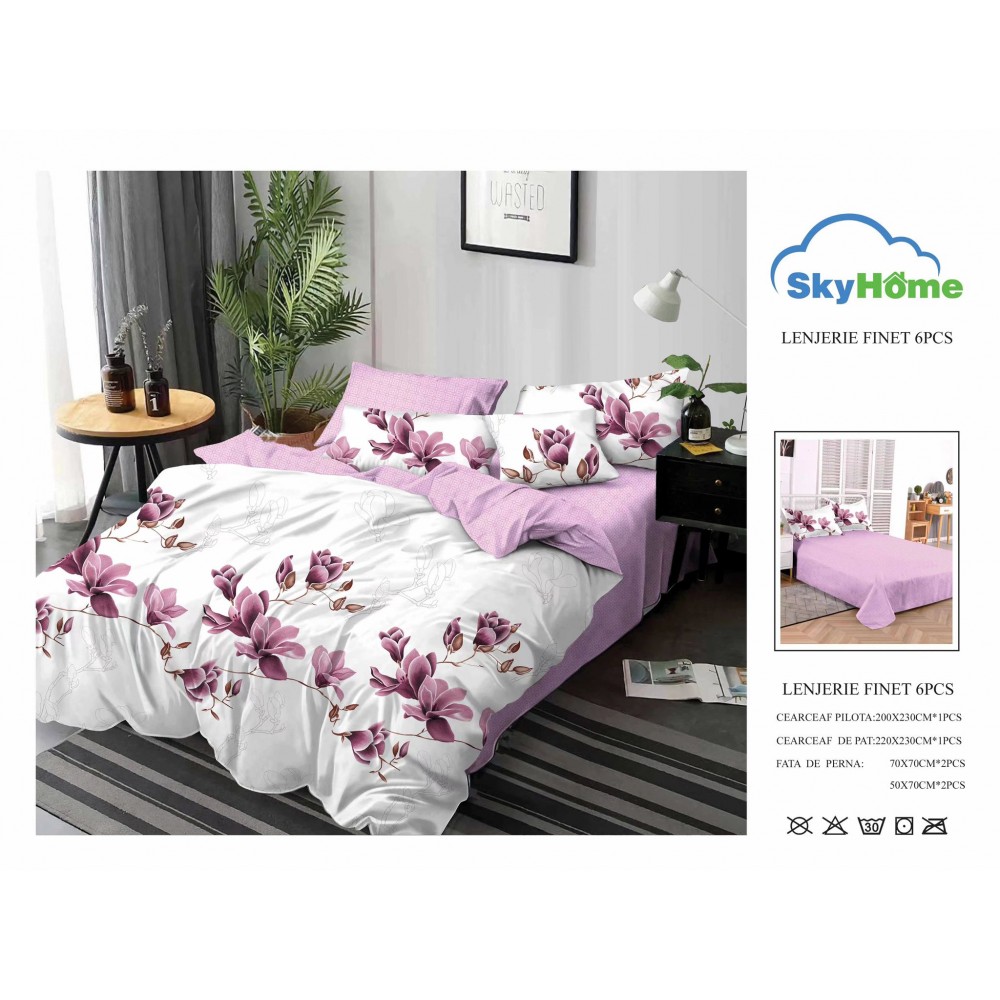 Lenjerie de Pat din Finet cu 2 Fete, 6 Piese, Pat 2 Persoane, LF6PSKY62 Lenjerii din finet 6 piese