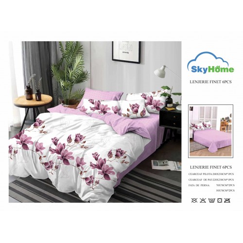 Lenjerie de Pat din Finet cu 2 Fete, 6 Piese, Pat 2 Persoane, LF6PSKY62