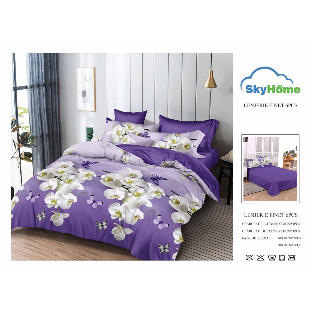 Lenjerie de Pat din Finet cu 2 Fete, 6 Piese, Pat 2 Persoane, LF6PSKY65 Lenjerii din finet 6 piese