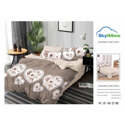 Lenjerie de Pat din Finet cu 2 Fete, 6 Piese, Pat 2 Persoane, LF6PSKY66