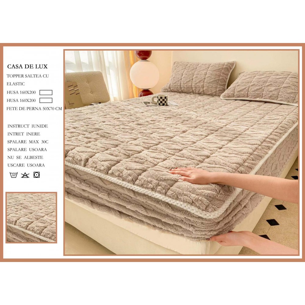 Husa Topper Cocolino Matlasata 160x200cm cu Elastic și Două Fețe de Pernă 50x70cm, model Tricotat , cu bordura HTCI1 HUSE TOPPER CATIFEA / BUMBAC MATLASAT