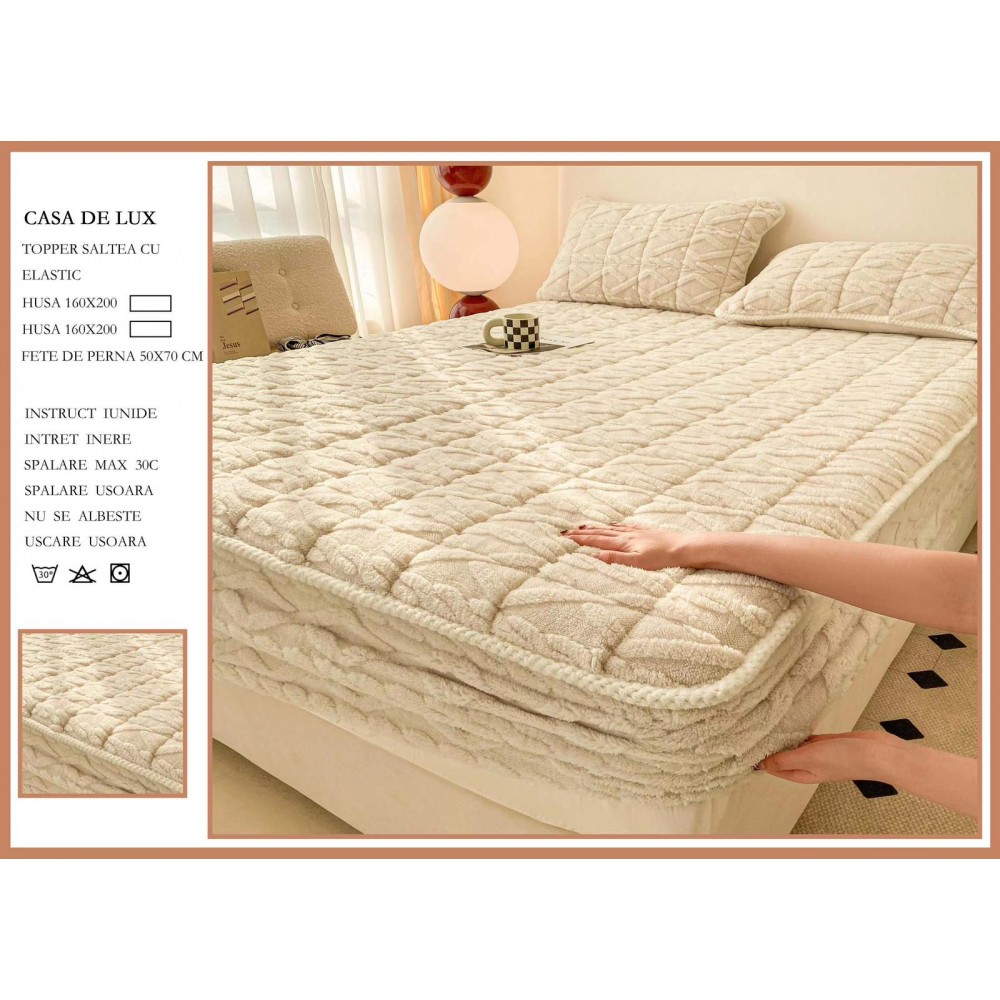 Husa Topper Cocolino Matlasata 160x200cm cu Elastic și Două Fețe de Pernă 50x70cm, model Tricotat , cu bordura HTCI2 Huse catifea TOPPER pt saltea cu elastic 160x200