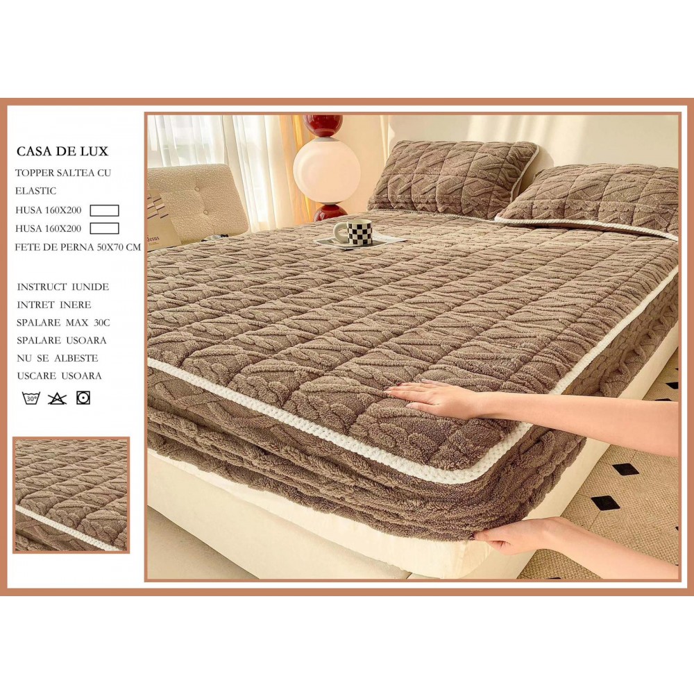 Husa Topper Cocolino Matlasata 160x200cm cu Elastic și Două Fețe de Pernă 50x70cm, model Tricotat , cu bordura HTCI3 Huse catifea TOPPER pt saltea cu elastic 160x200