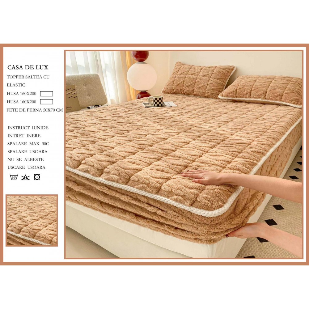 Husa Topper Cocolino Matlasata 160x200cm cu Elastic și Două Fețe de Pernă 50x70cm, model Tricotat , cu bordura HTCI4 Huse catifea TOPPER pt saltea cu elastic 160x200