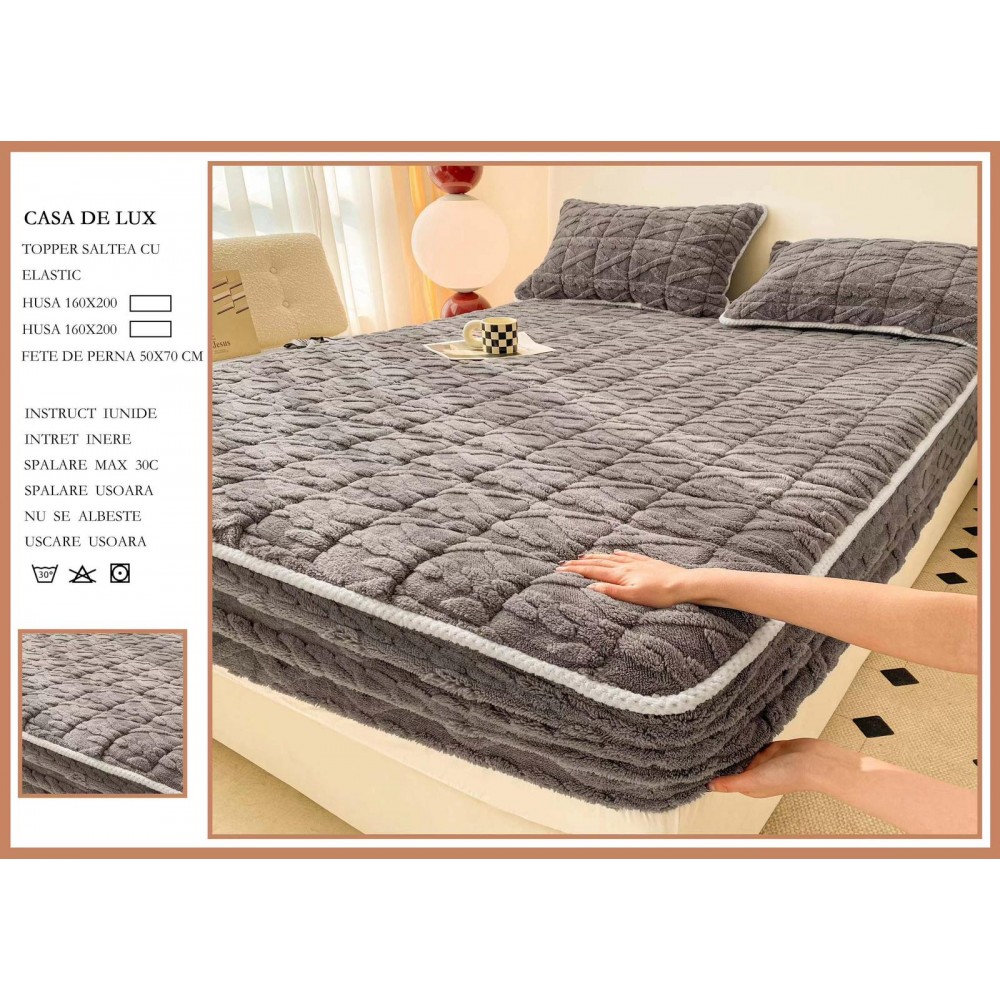 Husa Topper Cocolino Matlasata 160x200cm cu Elastic și Două Fețe de Pernă 50x70cm, model Tricotat , cu bordura HTCI5 Huse catifea TOPPER pt saltea cu elastic 160x200