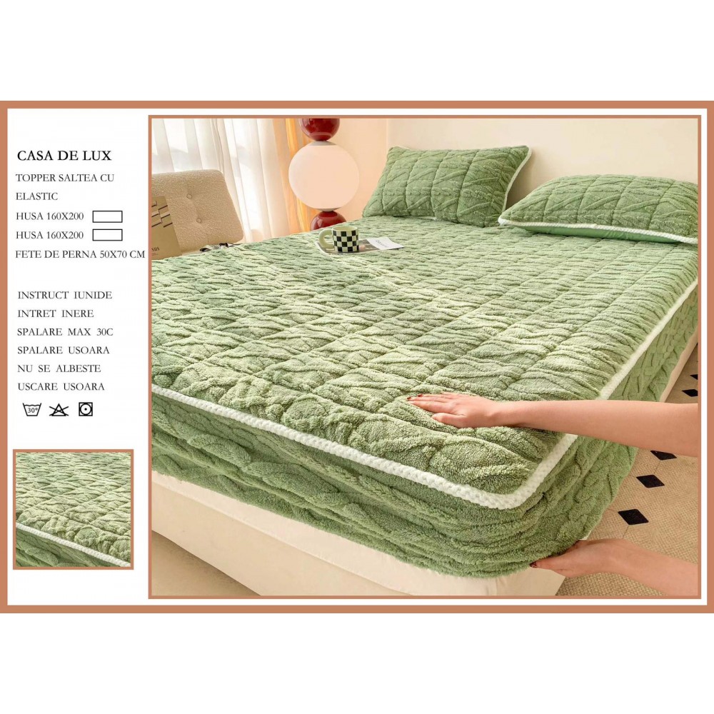 Husa Topper Cocolino Matlasata 160x200cm cu Elastic și Două Fețe de Pernă 50x70cm, model Tricotat , cu bordura HTCI6 Huse catifea TOPPER pt saltea cu elastic 160x200