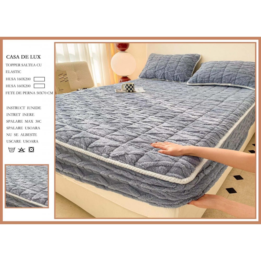 Husa Topper Cocolino Matlasata 160x200cm cu Elastic și Două Fețe de Pernă 50x70cm, model Tricotat , cu bordura HTCI7 Huse catifea TOPPER pt saltea cu elastic 160x200