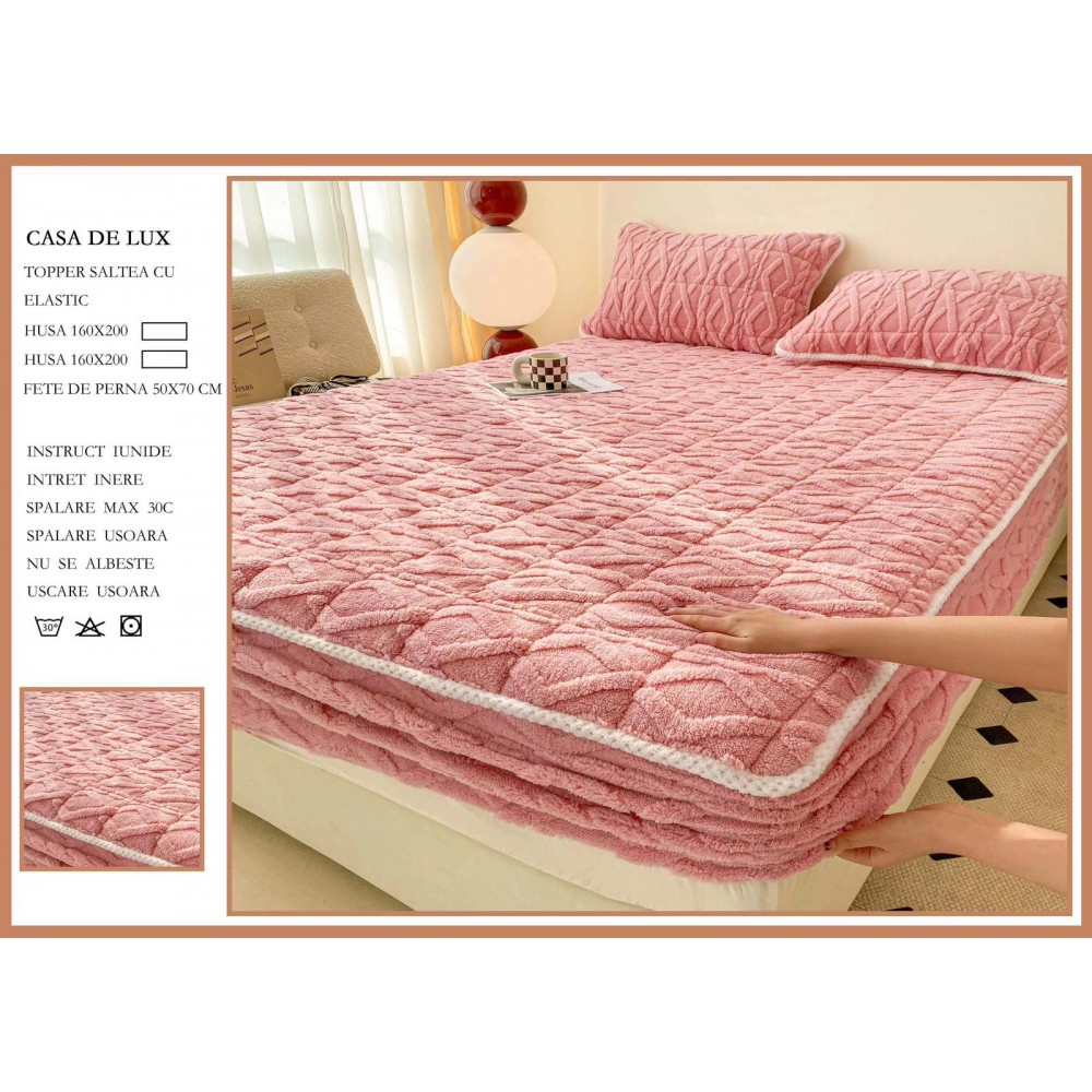 Husa Topper Cocolino Matlasata 160x200cm cu Elastic și Două Fețe de Pernă 50x70cm, model Tricotat , cu bordura HTCI8 Huse catifea TOPPER pt saltea cu elastic 160x200