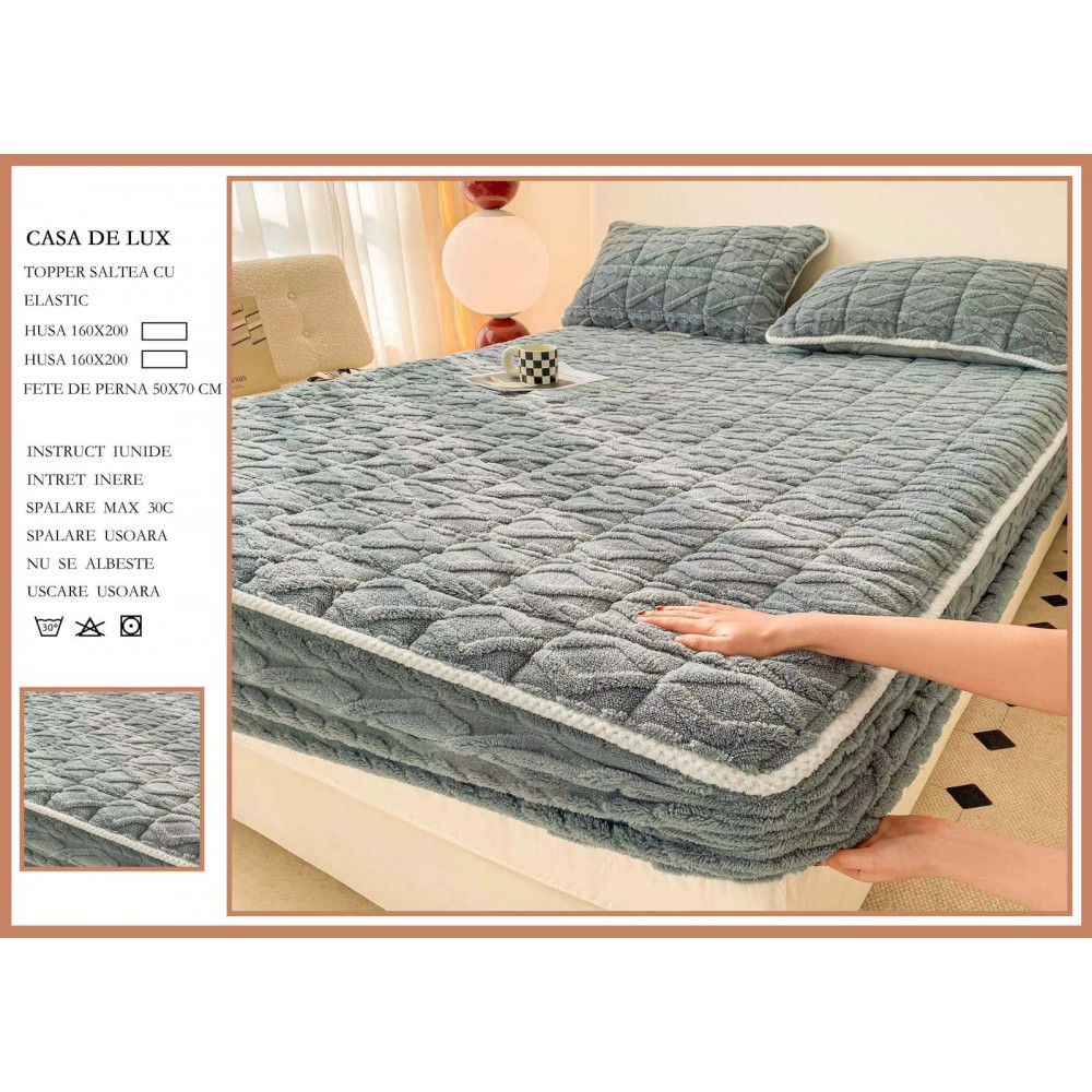 Husa Topper Cocolino Matlasata 160x200cm cu Elastic și Două Fețe de Pernă 50x70cm, model Tricotat , cu bordura HTCI9 Huse catifea TOPPER pt saltea cu elastic 160x200