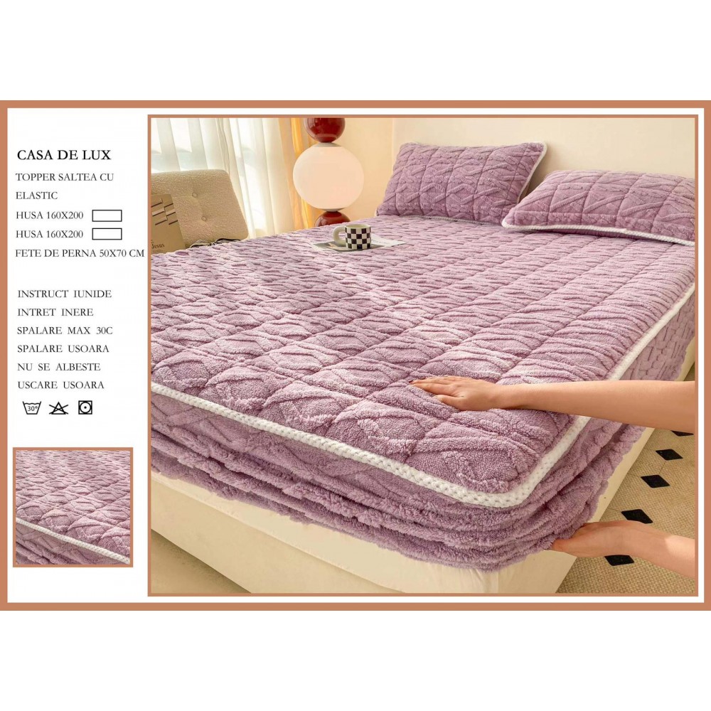 Husa Topper Cocolino Matlasata 160x200cm cu Elastic și Două Fețe de Pernă 50x70cm, model Tricotat , cu bordura HTCI10 Huse catifea TOPPER pt saltea cu elastic 160x200