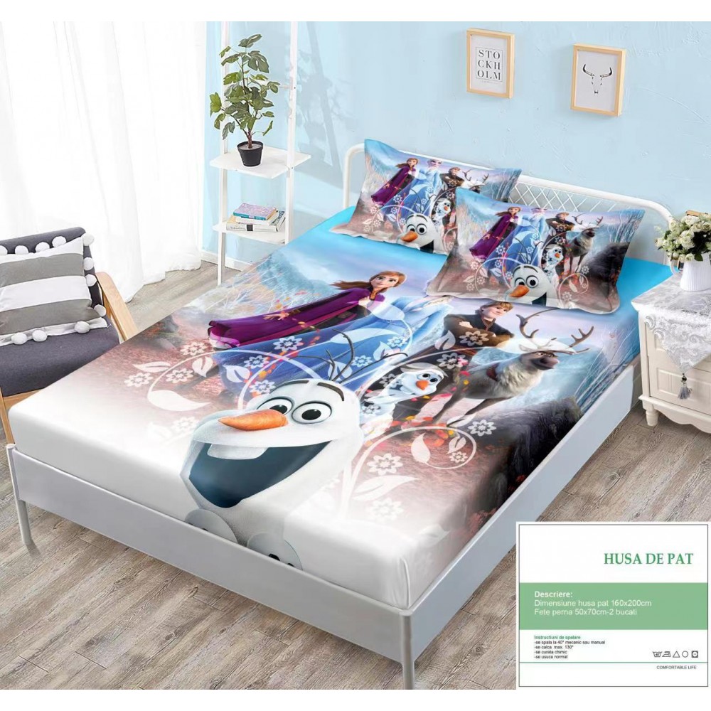 Set husa de pat dublu cu elastic si 2 fete de perna 160X200 HUSE SALTEA COPII 140-180  X 200