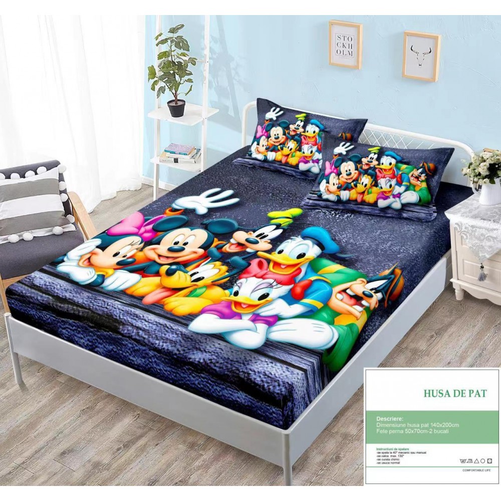 Set husa de pat dublu cu elastic si 2 fete de perna 140X200 HUSE SALTEA COPII 140-180  X 200