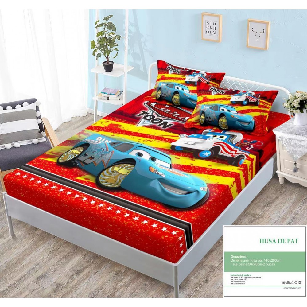 Set husa de pat dublu cu elastic si 2 fete de perna 140X200 HUSE SALTEA COPII 140-180  X 200