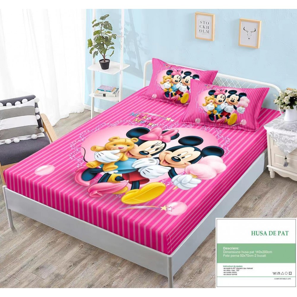 Set husa de pat dublu cu elastic si 2 fete de perna 140X200 HUSE SALTEA COPII 140-180  X 200
