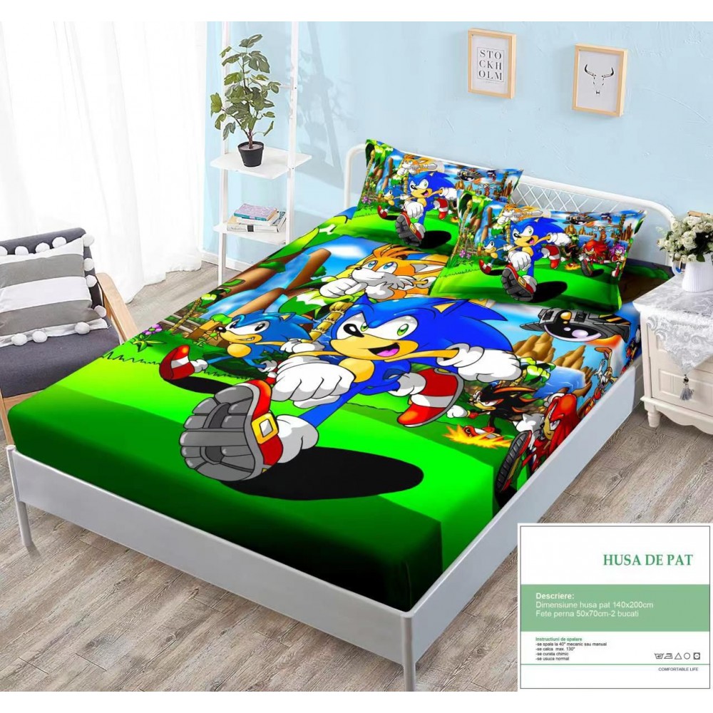 Set husa de pat dublu cu elastic si 2 fete de perna, Sonik 140 X 200 HUSE SALTEA COPII 140-180  X 200