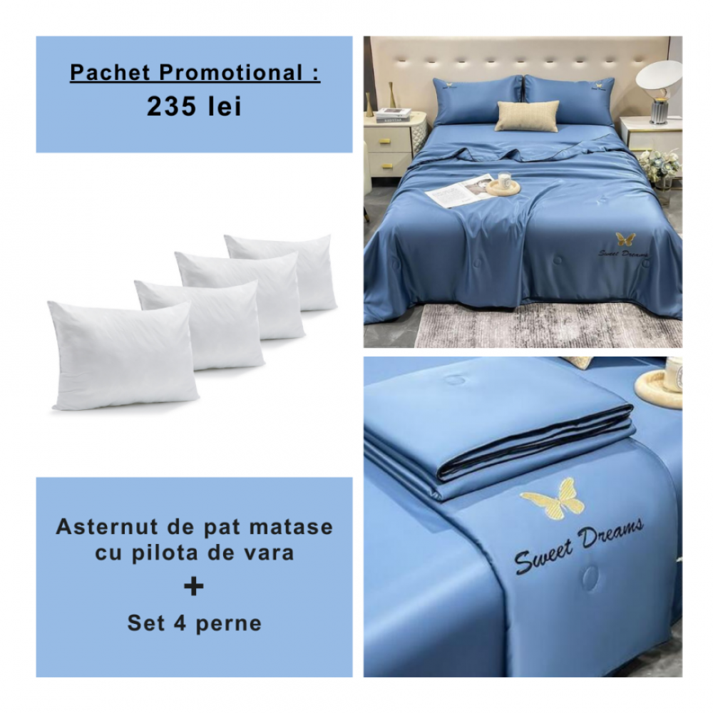 Pachet promo lenjerie de pat Matase cu pilota de vara – 4 piese + 4 Perne OPV1