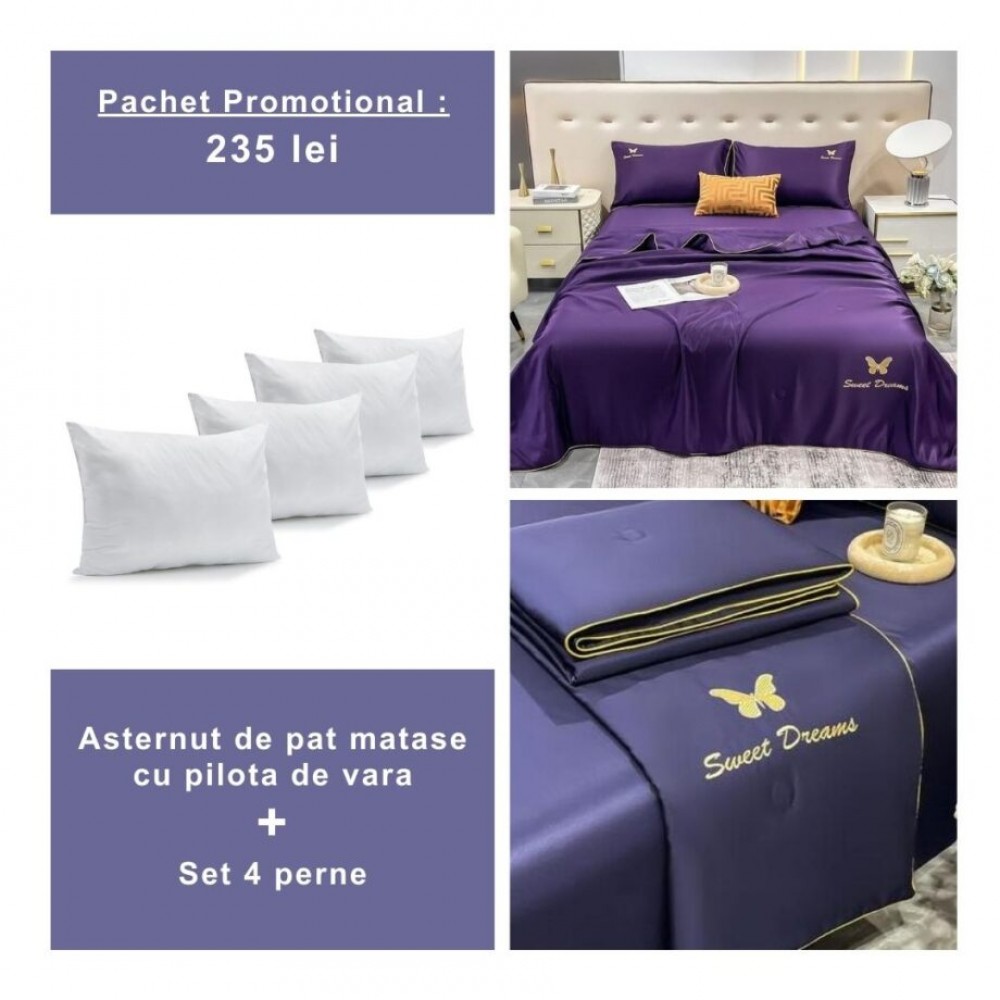 Pachet promo lenjerie de pat Matase cu pilota de vara – 4 piese + 4 Perne OPV11 PACHETE PROMO