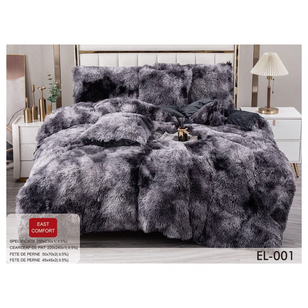 Set Lenjerie De Pat Pufoasa FLUFFY 6 piese, pat dublu GRI INCHIS DEGRADE EL-001 LENJERII COCOLINO FLUFFY 6 PIESE