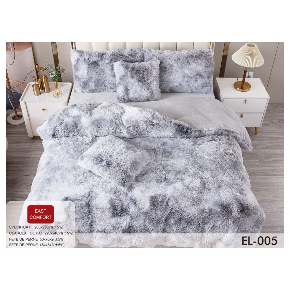 Set Lenjerie De Pat Pufoasa FLUFFY 6 piese, pat dublu,GRI DESCHIS DEGRADE, EL-005 LENJERII COCOLINO FLUFFY 6 PIESE