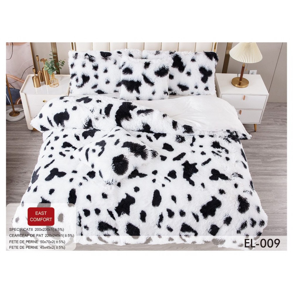 Set Lenjerie De Pat Pufoasa FLUFFY 6 piese, pat dublu,ANIMAL PRINT ALB NEGRU, EL-009 LENJERII COCOLINO FLUFFY 6 PIESE