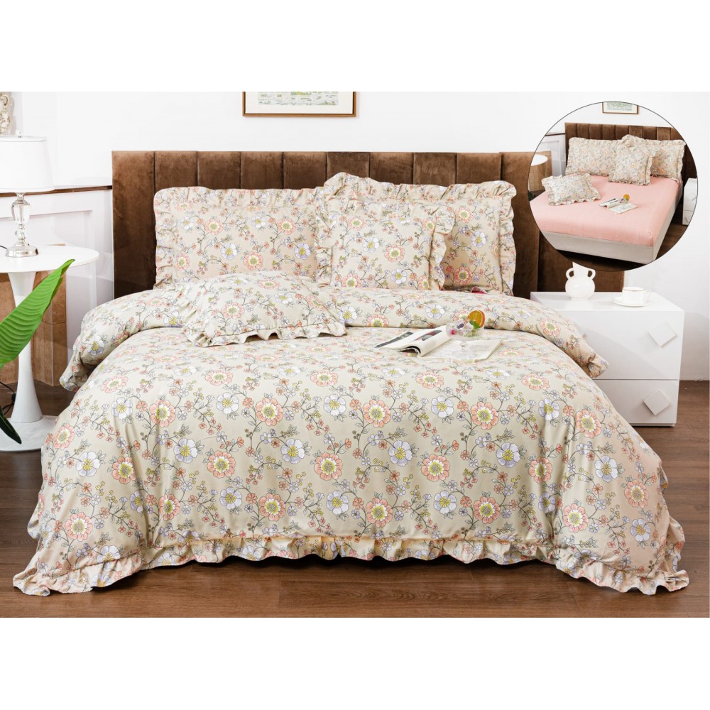 Set lenjerie finet , 6 piese , CU ELASTIC ,pentru pat dublu cu volanas LFVPK4 Lenjerii din finet 6 piese  cu volanase