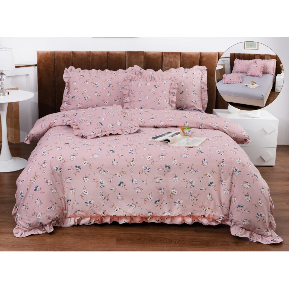 Set lenjerie finet , 6 piese , CU ELASTIC ,pentru pat dublu cu volanas LFVPK6 Lenjerii din finet 6 piese  cu volanase