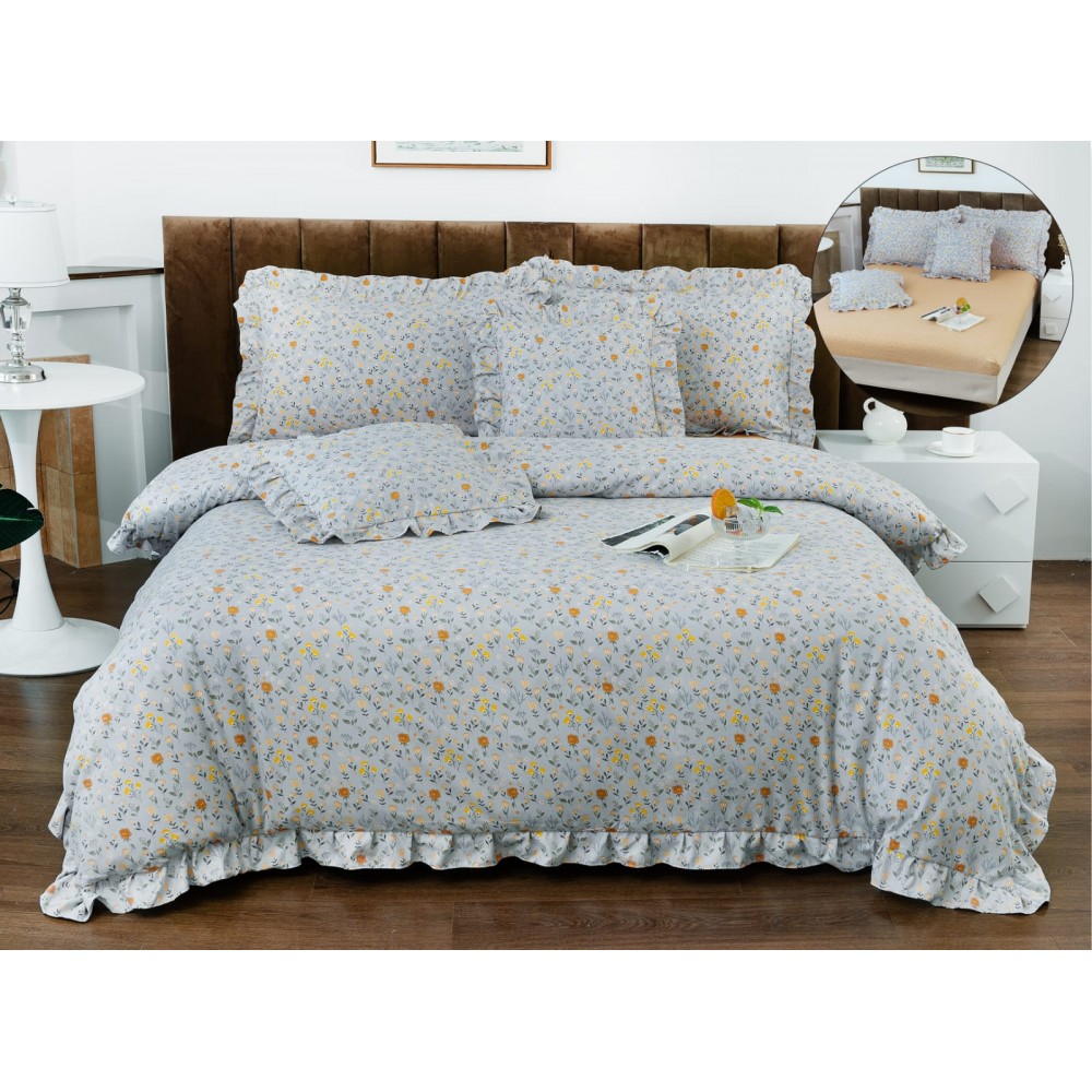 Set lenjerie finet , 6 piese , CU ELASTIC ,pentru pat dublu cu volanas LFVPK7 Lenjerii din finet 6 piese  cu volanase